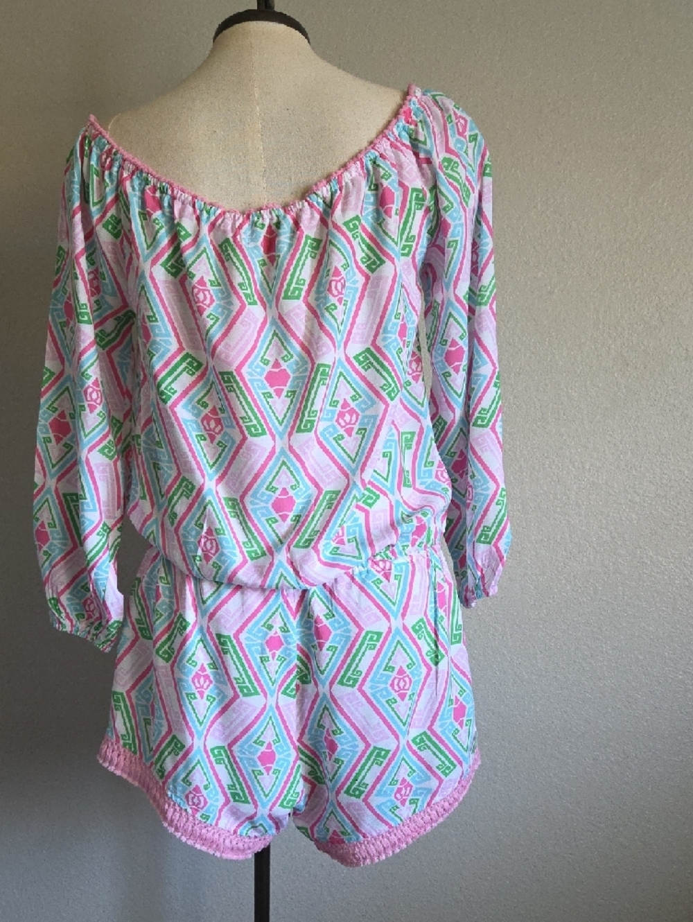 Macbeth Collection by Margaret Josephs Pink, Green & White Off-Shoulder Romper - Picture 5 of 6